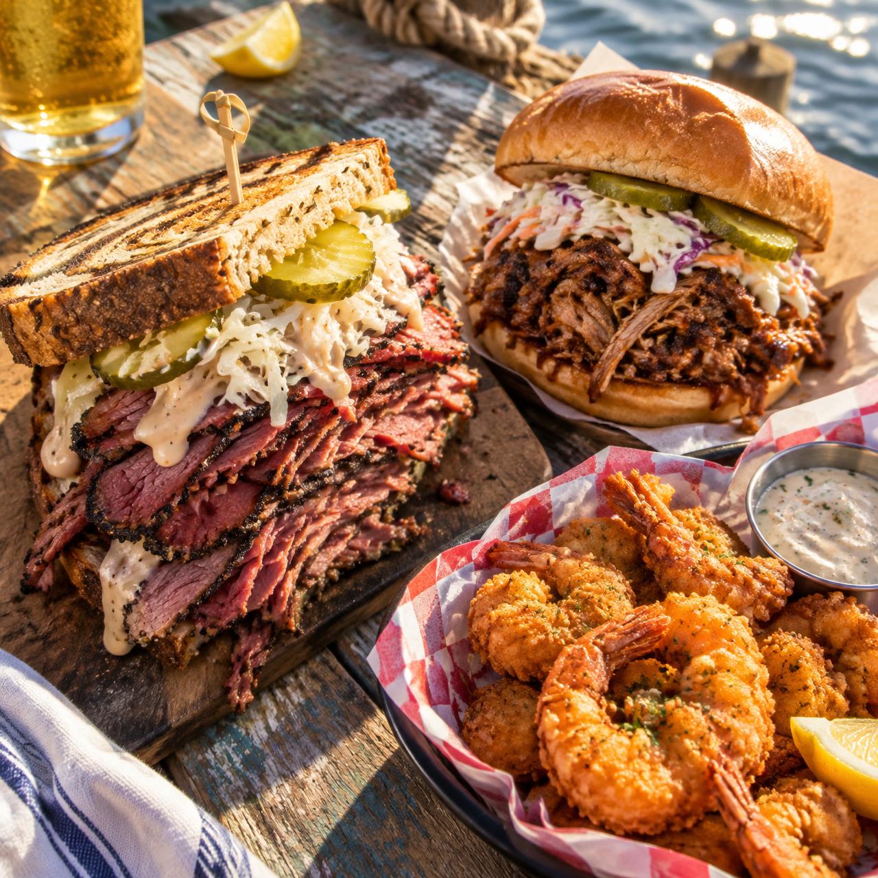 Pastrami sandwich, pulled pork sandwich and a basket of fried shrimp from Curbside Craving